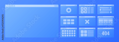 Web browser window, transparent pages layout with toolbar and search field. Modern website, internet page. Browser mockup for computer, tablet and smartphone. Adaptive UI. Vector illustration