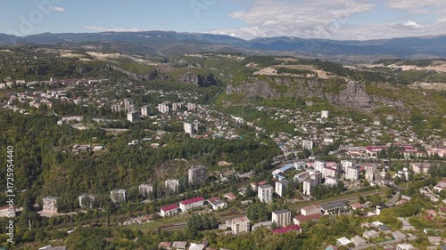Chiatura cityscape with hills and valley from above