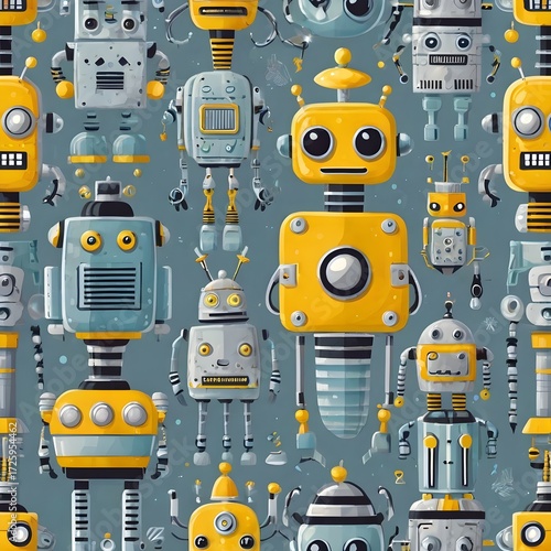 Wallpaper Mural Seamless wallpaper design with adorable cartoon robots in pastel blue, yellow, and gray tones, futuristic yet playful style, minimal geometric background,Generative Ai
 Torontodigital.ca