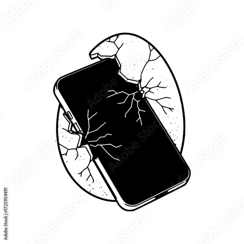 Cracked smartphone emerging from a broken egg shell illustration, Easter, isolated vector image on a transparent background  
