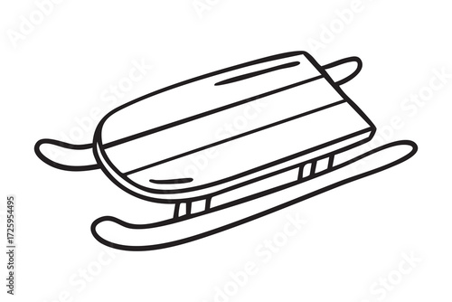 A wooden sled in clean monochrome line art for holiday projects, hand drawn., monochrome line art doodle hand drawn cartoon icon element