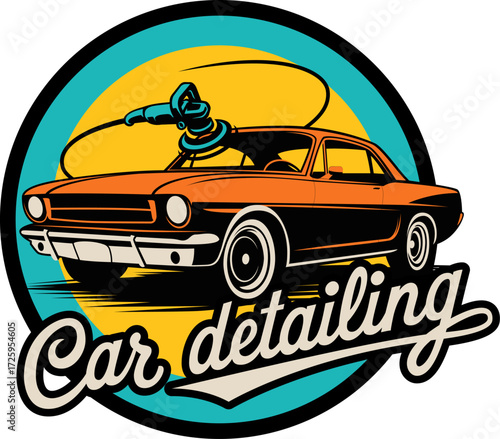 Vintage car detailing logo with a classic orange muscle car and polishing tool, set against a vibrant circular backdrop, designed for premium auto care businesses