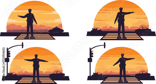 Traffic police officer silhouette at sunset, pedestrian crossing signal, urban safety scene, directional gesture, law enforcement action, patrol duty