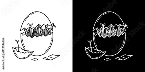 Easter egg illustration with cracking shell and growing sprouts, image on the theme of Easter, isolated vector image, two design options on a transparent and black background