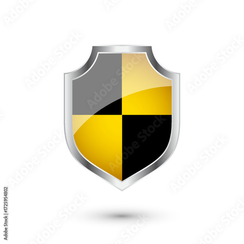 Glossy shield with yellow and black pattern. Security and protection concept. Cyber safety icons, internet privacy, web defense, digital data protection and antivirus themes. Vector illustration