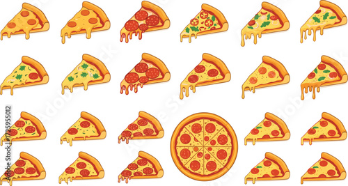 Pizza and pizza slices with dripping melted cheese set, featuring various toppings like pepperoni and mushrooms, a fun food vector illustration