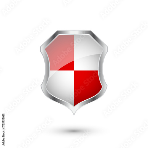 Glossy shield with red and black pattern. Security and protection concept. Cyber safety icons, internet privacy, web defense, digital data protection and antivirus themes. Vector illustration