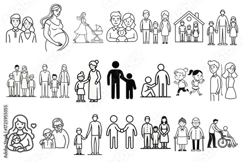 Family Relationship Icons Set – Parents, Children, and Care, Parenthood and Family Life Symbols Collection