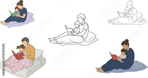 Adult reading to child, family bonding, literacy education, parenting moment, cozy reading time, vector illustration, learning together, storytelling scene