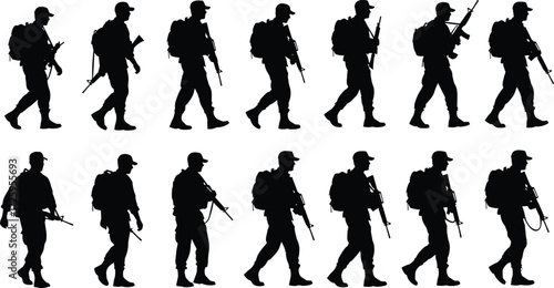 Military soldiers in combat uniform with rifles and backpacks walking in a line, armed forces vector illustration graphic resources
