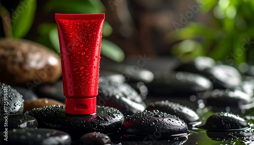 Red tube of cream on wet stones