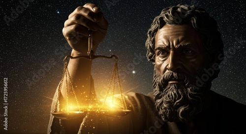 Prophet Amos Holding Scales of Justice Against a Starry Night Sky