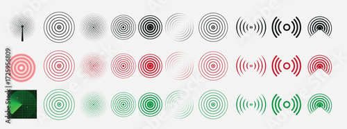 Radio station signal. Radio signal background. Red rings. Pain circle. Symbol of pain. Blue rings sound wave. Radar screen concentric circles elements. Vector illustration