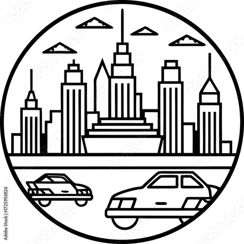 Futuristic city skyline with hovering cars illustration on transparent background