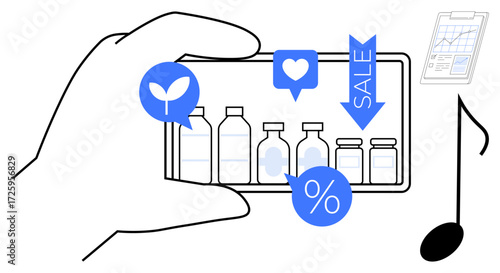 Hand holding smartphone displaying bottles, leaf, heart, percentage, and sale icons. Clipboard and musical note nearby. Ideal for e-commerce, discounts, eco-living online shopping retail