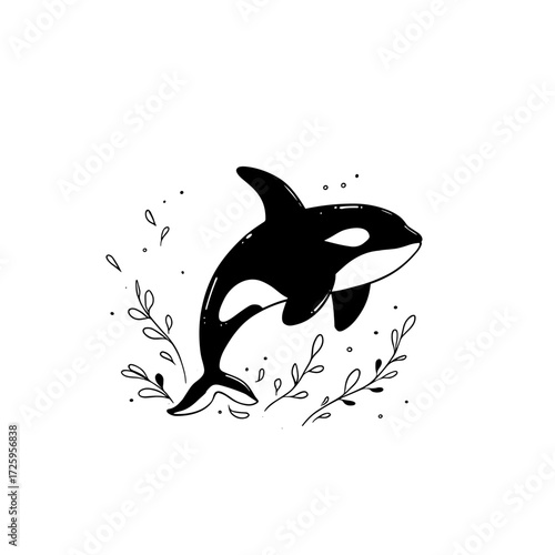 Orca. Orca simple black and white line art vector logo