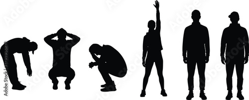 Set of various silhouettes of people in different poses, including standing, bending, and squatting, with a range of emotional states