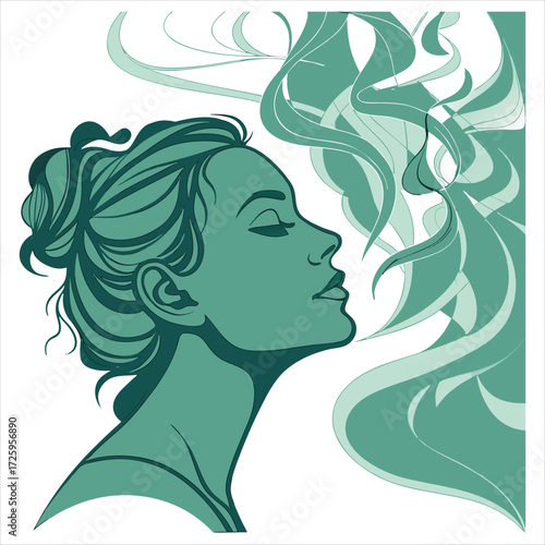 This is an artistic illustration featuring a woman's profile in green tones. Her hair is creatively depicted as a forest canopy with tree branches and leaves, seamlessly blending with the trees in the
