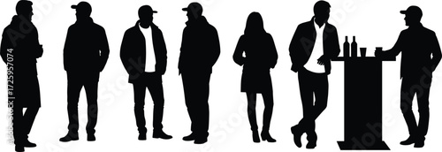 Group silhouettes, people standing and talking, casual meeting, friends gathering, bar counter scene, lifestyle illustration, social interaction, men and women silhouettes