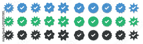 Verified badge icon tick, check marks set symbol, guaranteed safety person sign, blue green black checkmark signs, account verification icon, certificate quality certify, set verified profile badges