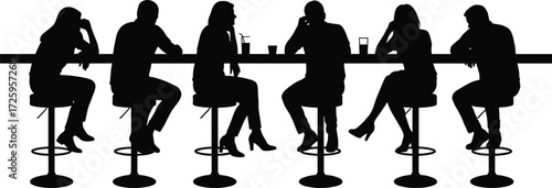 Bar silhouettes, people sitting on stools, drinking at counter, nightlife crowd, friends gathering, social scene, lounge atmosphere, casual bar illustration