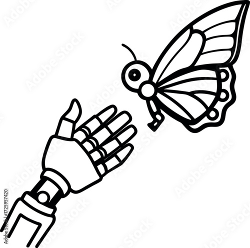 Futuristic robot hand holding butterfly illustration on transparent background