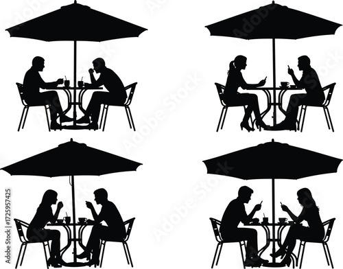 Cafe silhouettes, people sitting under umbrellas, outdoor dining, couple drinking coffee, friends meeting, social interaction, restaurant terrace, casual lifestyle illustration