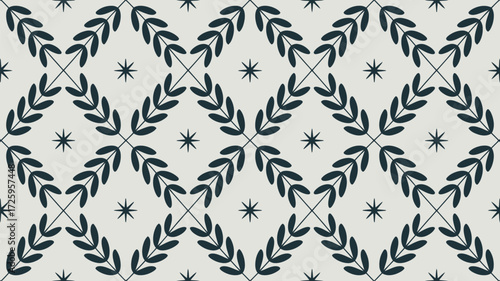 A seamless pattern with dark green leaves and stars on a light background in a diamond arrangement