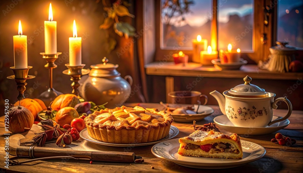 Fototapeta premium Warm candle-lit table scene with tea & pie. 