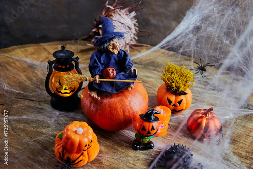 cute witch with a broom on halloween sits on a big pumpkin at a fun pumpkin party in the cobweb forest, All Saints Day, horizontal, creative focus