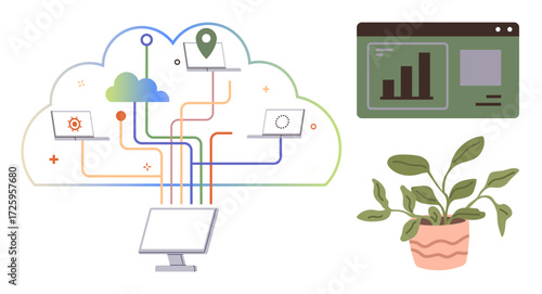 Cloud with multiple devices interconnected via colorful lines, data dashboard displaying analytics, and potted plant representing balance. Ideal for technology, analytics, connectivity