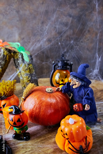 halloween, a cheerful witch rolls a big pumpkin to a noisy cobweb party with other pumpkins and spiders, All Saints Day, vertical, creative focus