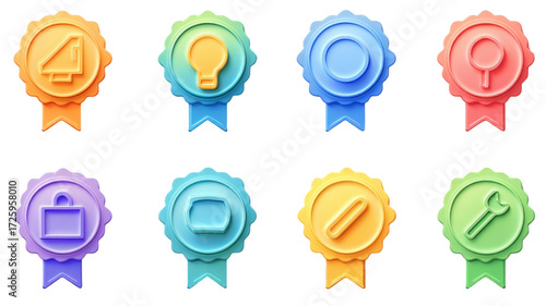 Set of colorful 3D award badges with achievement icons.