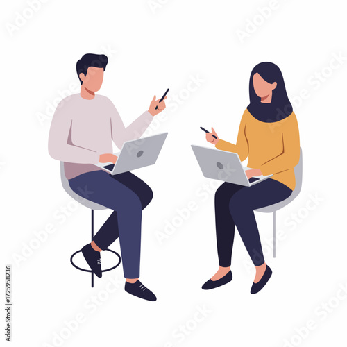 Flat Style Two People Sitting Using Laptop Communicating Together Illustration