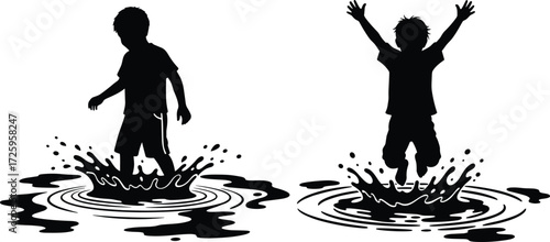 Kids black silhouettes playing in a puddle, jumping and splashing with water, happy childhood fun vector illustration
