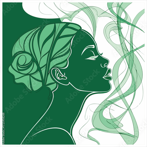 This is an artistic illustration featuring a woman's profile in green tones. Her hair is creatively depicted as a forest canopy with tree branches and leaves, seamlessly blending with the trees in the