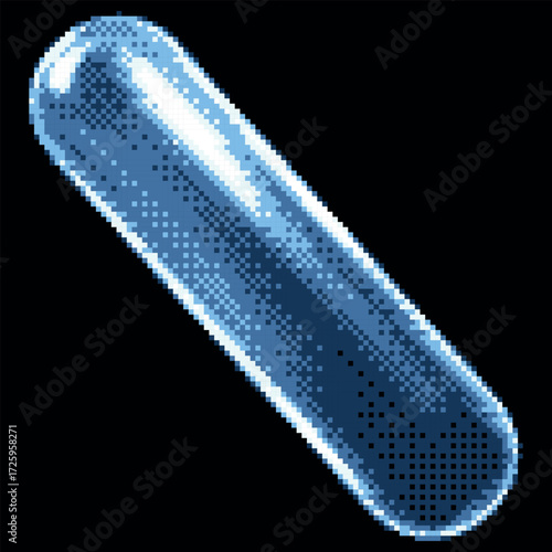 Transparent glossy crystal tube shape pixel art vector icon, 8 bit blue glass long round figure with light glare on dark