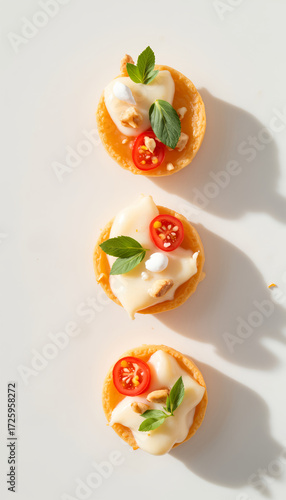 Savory mini tarts topped with cheese, cherry tomatoes, and basil  