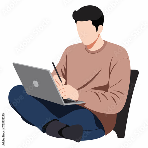Minimalist Faceless Person Sitting with Laptop Computer Flat Illustration