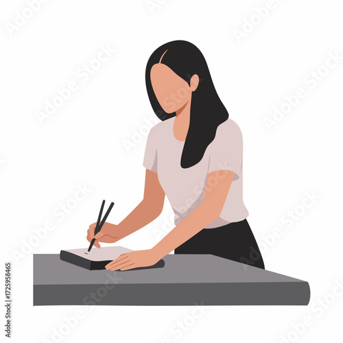 Minimalist Faceless Woman Writing on Notebook at Desk Illustration Design