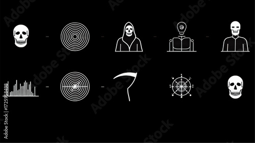 Collection of white line art icons related to death and the macabre.