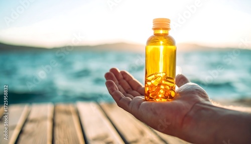 Hand holding supplement bottle by the ocean