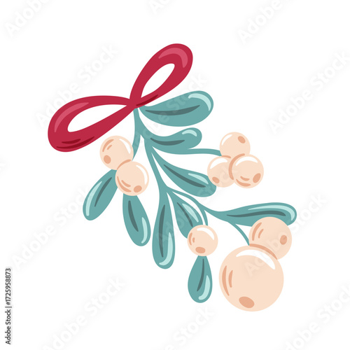 A delicate mistletoe sprig with glossy green leaves and tiny white berries, elegantly curved on a slender stem for a festive, minimalist vector design.