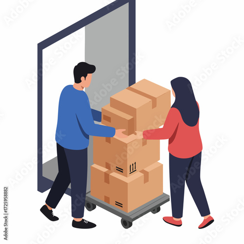 Flat Illustration of Man and Woman with Boxes on Trolley Delivery