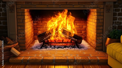 Cozy Fireplace Scene with Burning Logs and Brick Hearth