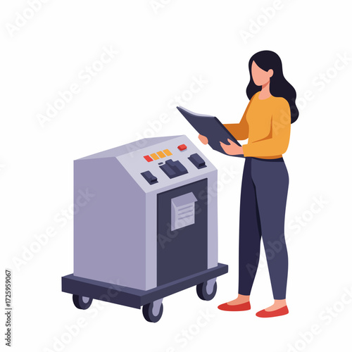Flat Illustration Woman Inspecting Industrial Equipment Machine with Clipboard