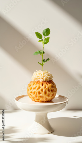 Decorative fruit arrangement with green plant on a white pedestal  