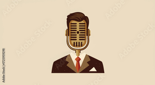 Man with a microphone head in a suit, a creative concept for a podcast