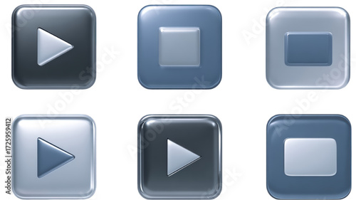 Set of glossy 3D play and stop media player buttons.