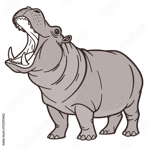 Cartoon hippopotamus with mouth wide open showing large tusks animal illustration